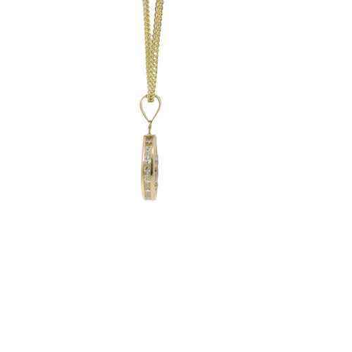 14KT Gold Charm Extra Small Round Crucifix Coin with Plain Background and White CZ Stones Top and Plain Bell
