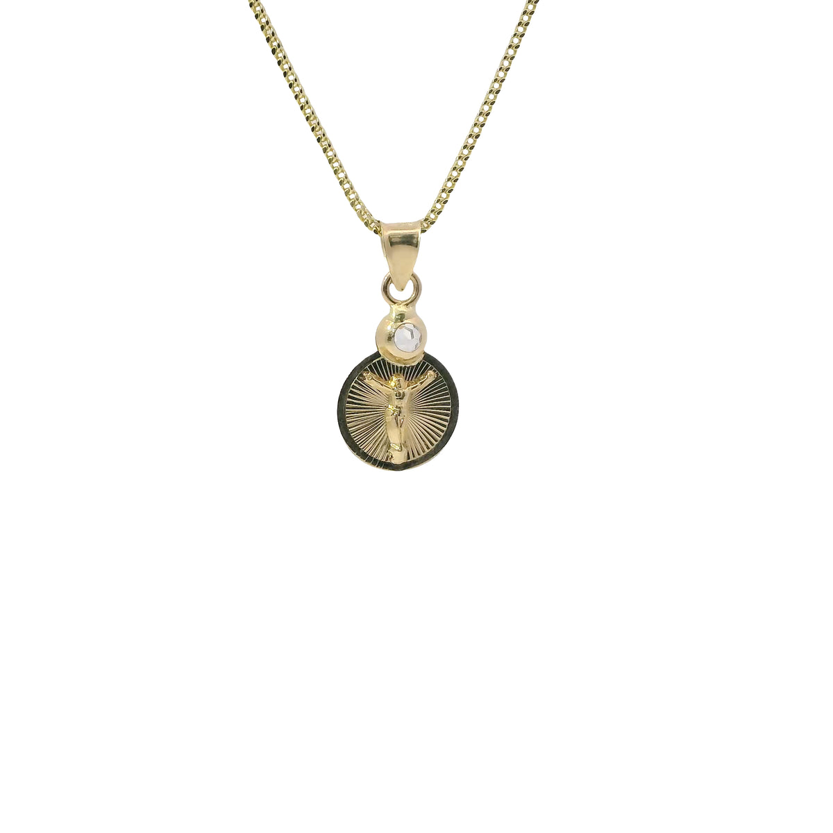 14KT Gold Charm Extra Small Two Tone Round Sunray Crucifix Coin with White CZ Stone Top and Plain Bell