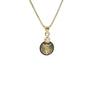 14KT Gold Charm Extra Small Two Tone Round Sunray Crucifix Coin with White CZ Stone Top and Plain Bell