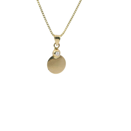 14KT Gold Charm Extra Small Two Tone Round Sunray Crucifix Coin with White CZ Stone Top and Plain Bell