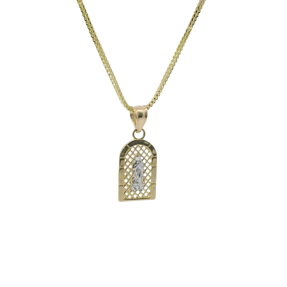 14KT Gold Charm Extra Small Two Tone Virgin Mary Stripe Lattice Square Archway and Plain Bell