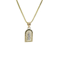 14KT Gold Charm Extra Small Two Tone Virgin Mary Stripe Lattice Square Archway and Plain Bell