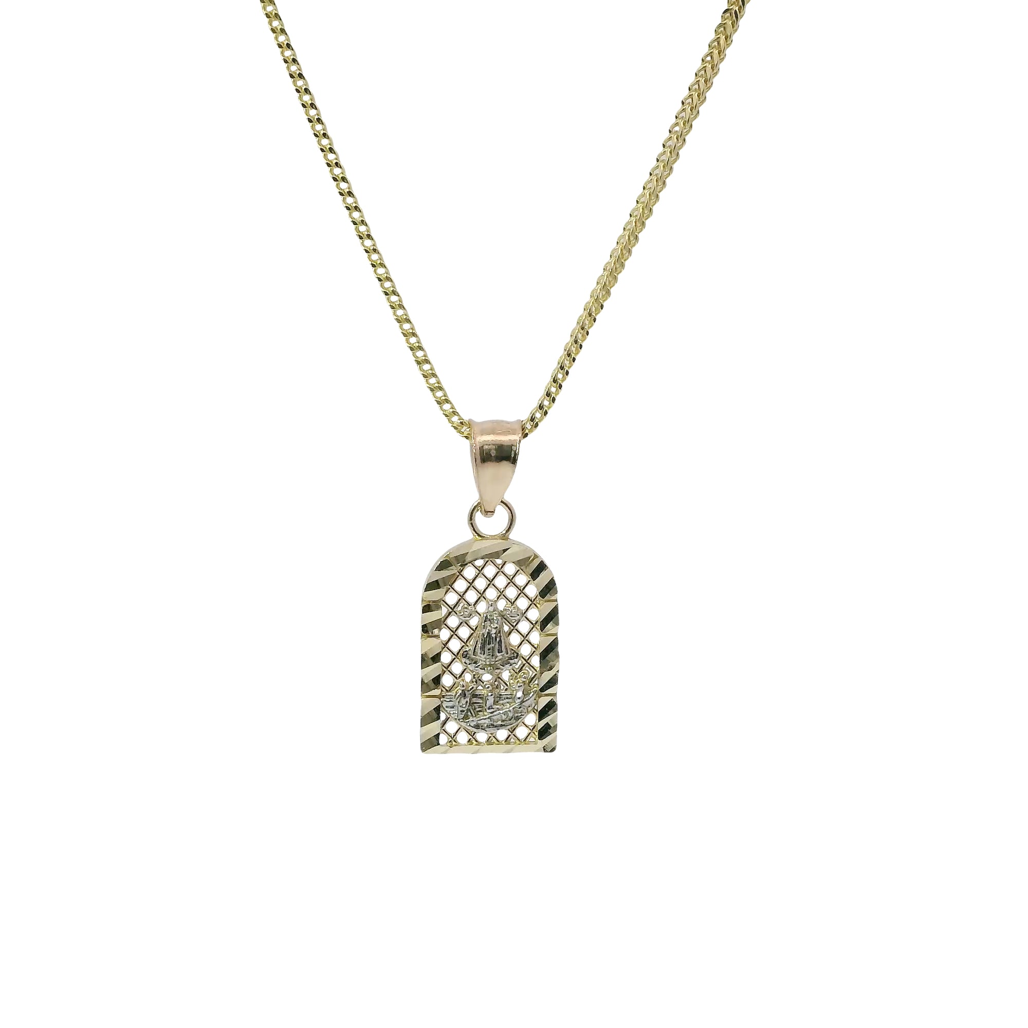 14KT Gold Charm Extra Small Two Tone Caridad Cobre Diamond Cut Lattice Square Archway and Plain Bell
