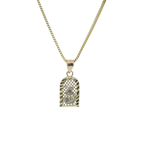 14KT Gold Charm Extra Small Two Tone Caridad Cobre Diamond Cut Lattice Square Archway and Plain Bell