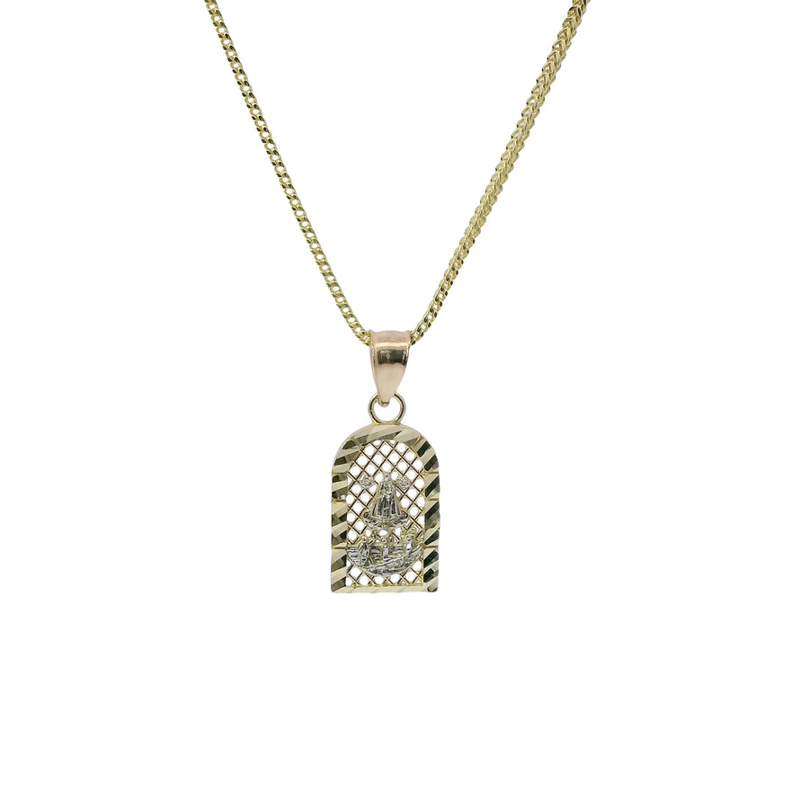 14KT Gold Charm Extra Small Two Tone Caridad Cobre Diamond Cut Lattice Square Archway and Plain Bell