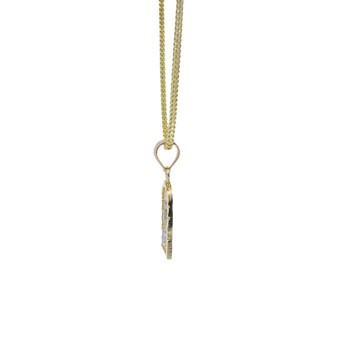 14KT Gold Charm Extra Small Two Tone Caridad Cobre Diamond Cut Lattice Square Archway and Plain Bell