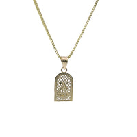 14KT Gold Charm Extra Small Two Tone Caridad Cobre Diamond Cut Lattice Square Archway and Plain Bell