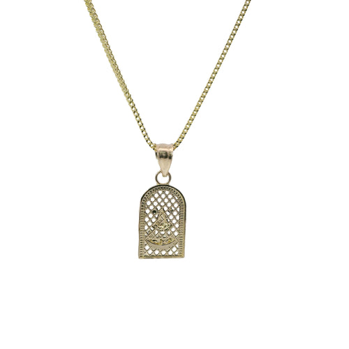 14KT Gold Charm Extra Small Two Tone Caridad Cobre Diamond Cut Lattice Square Archway and Plain Bell