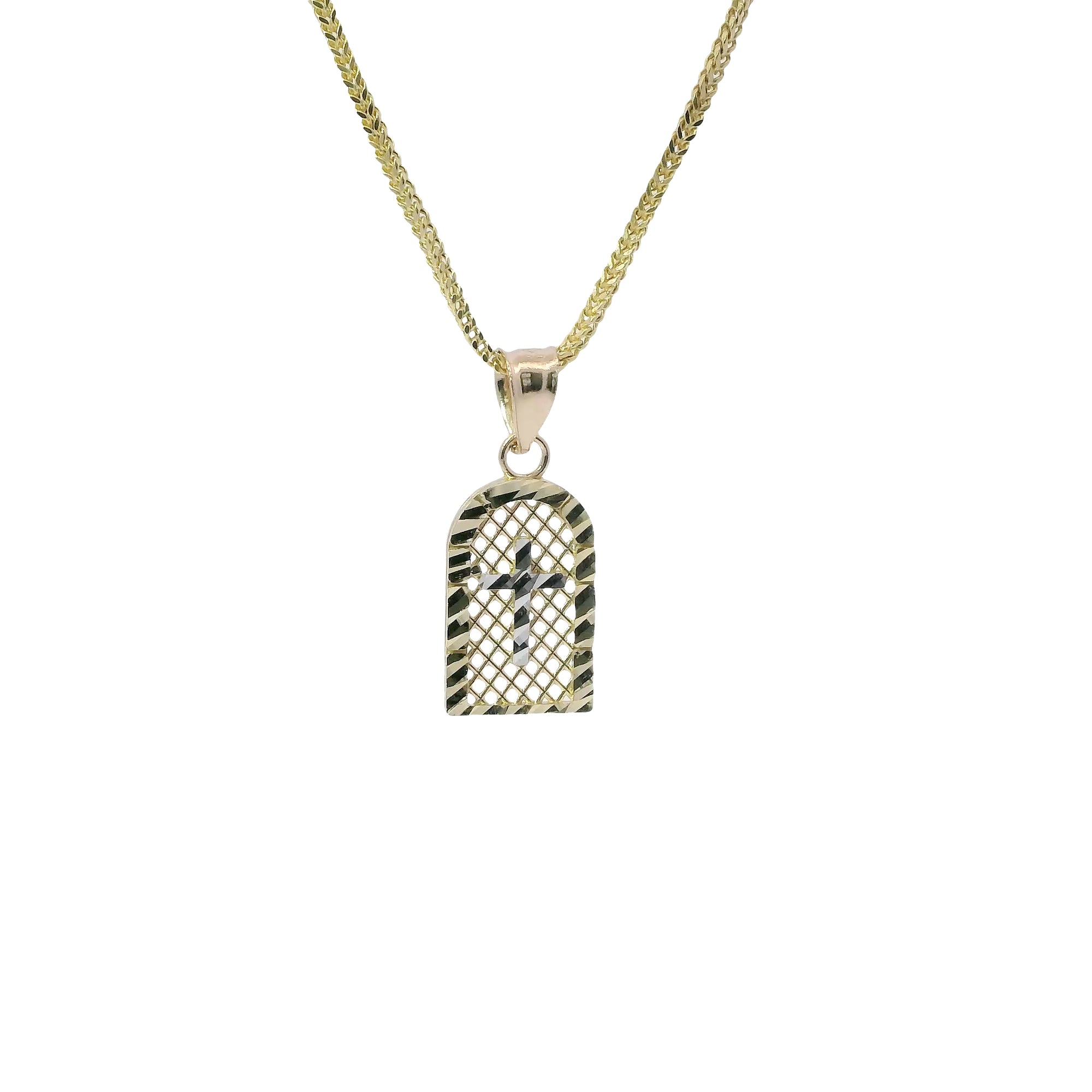 14KT Gold Charm Extra Small Two Tone Cross Diamond Cut Lattice Square Archway and Plain Bell