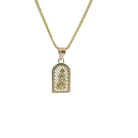 14KT Gold Charm Extra Small Two Tone St Lazarus Diamond Cut Lattice Square Archway and Plain Bell