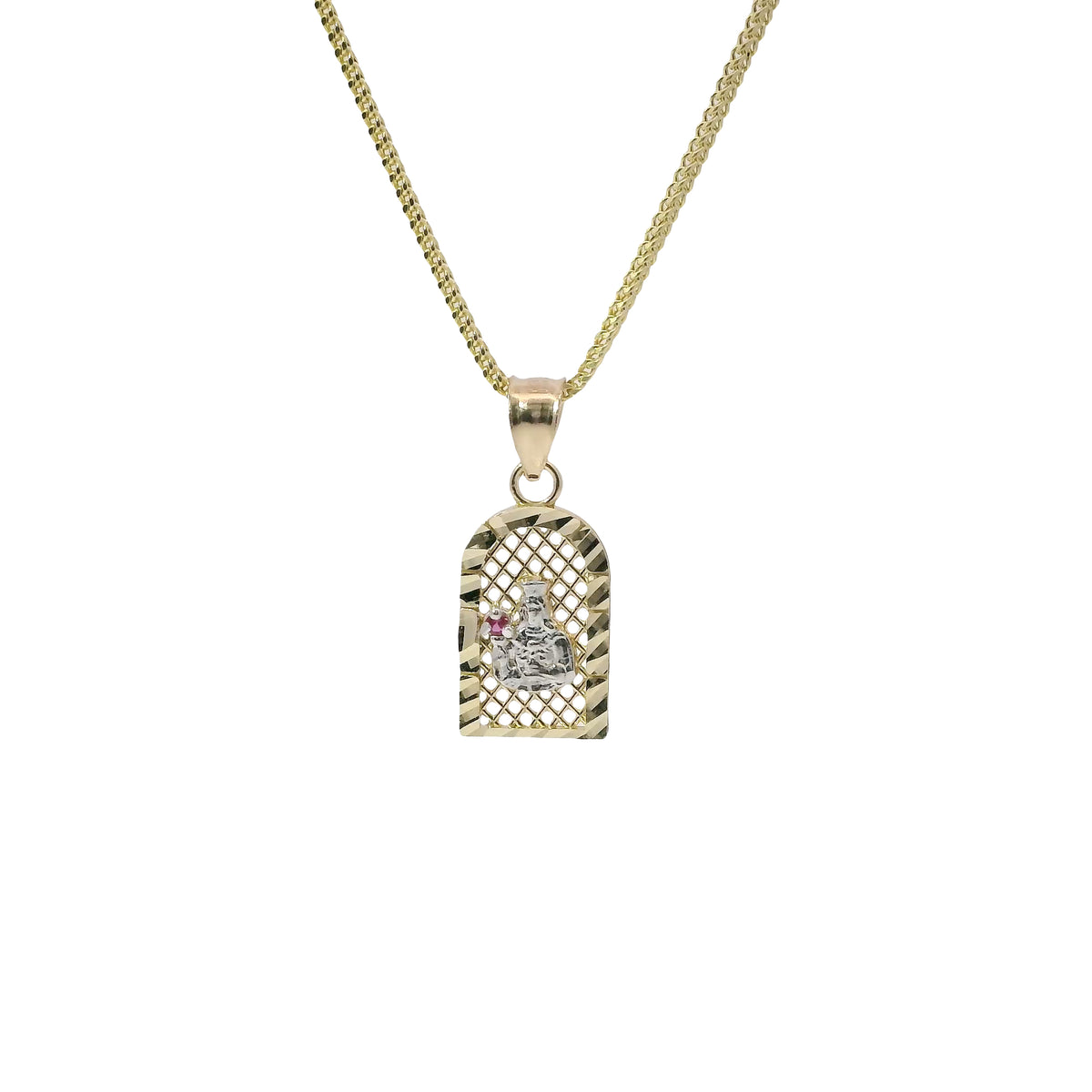 14KT Gold Charm Extra Small Two Tone St Clare Diamond Cut Lattice Square Archway with Red CZ Stone Lantern and Plain Bell