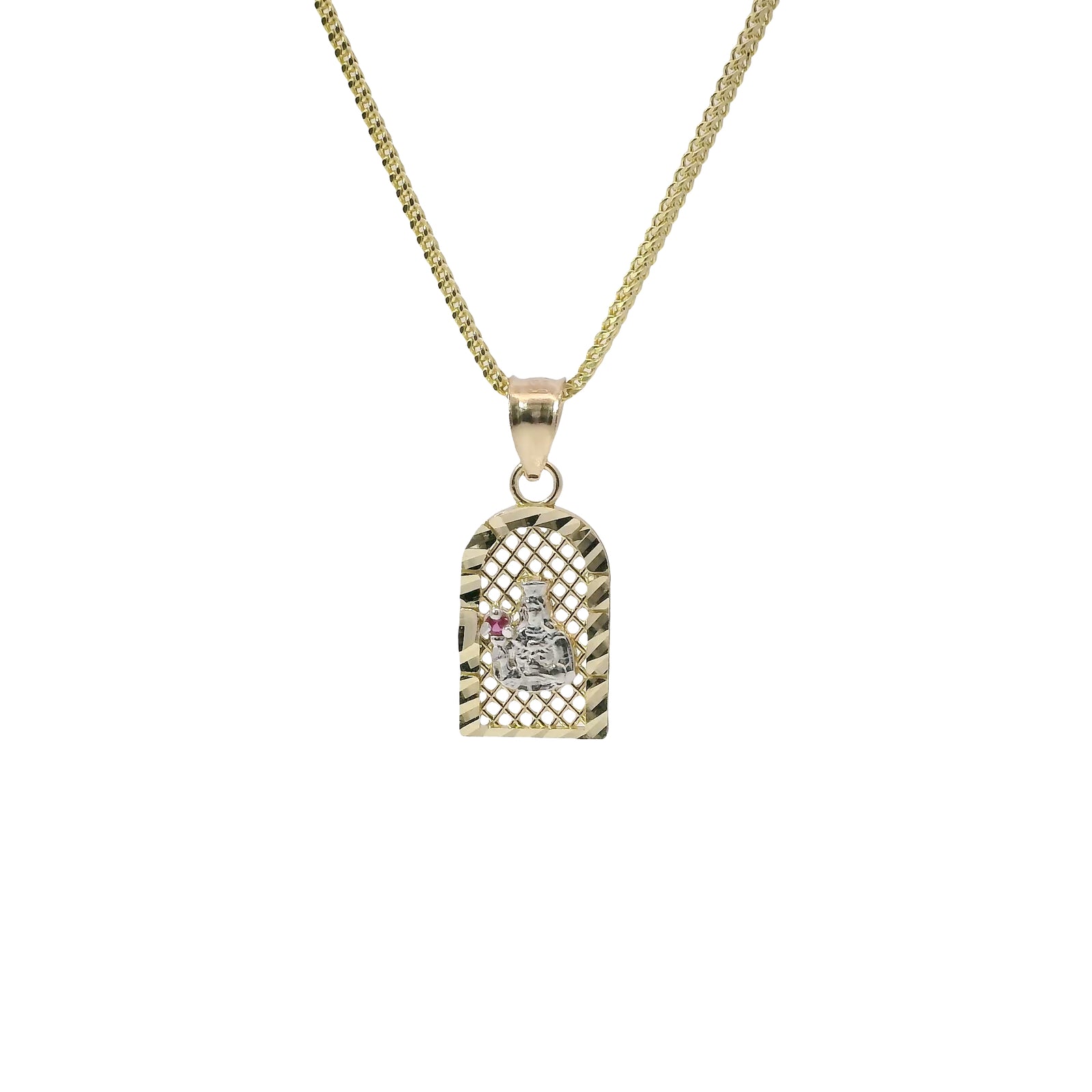 14KT Gold Charm Extra Small Two Tone St Clare Diamond Cut Lattice Square Archway with Red CZ Stone Lantern and Plain Bell