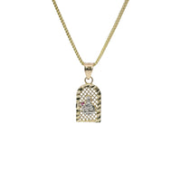 14KT Gold Charm Extra Small Two Tone St Clare Diamond Cut Lattice Square Archway with Red CZ Stone Lantern and Plain Bell