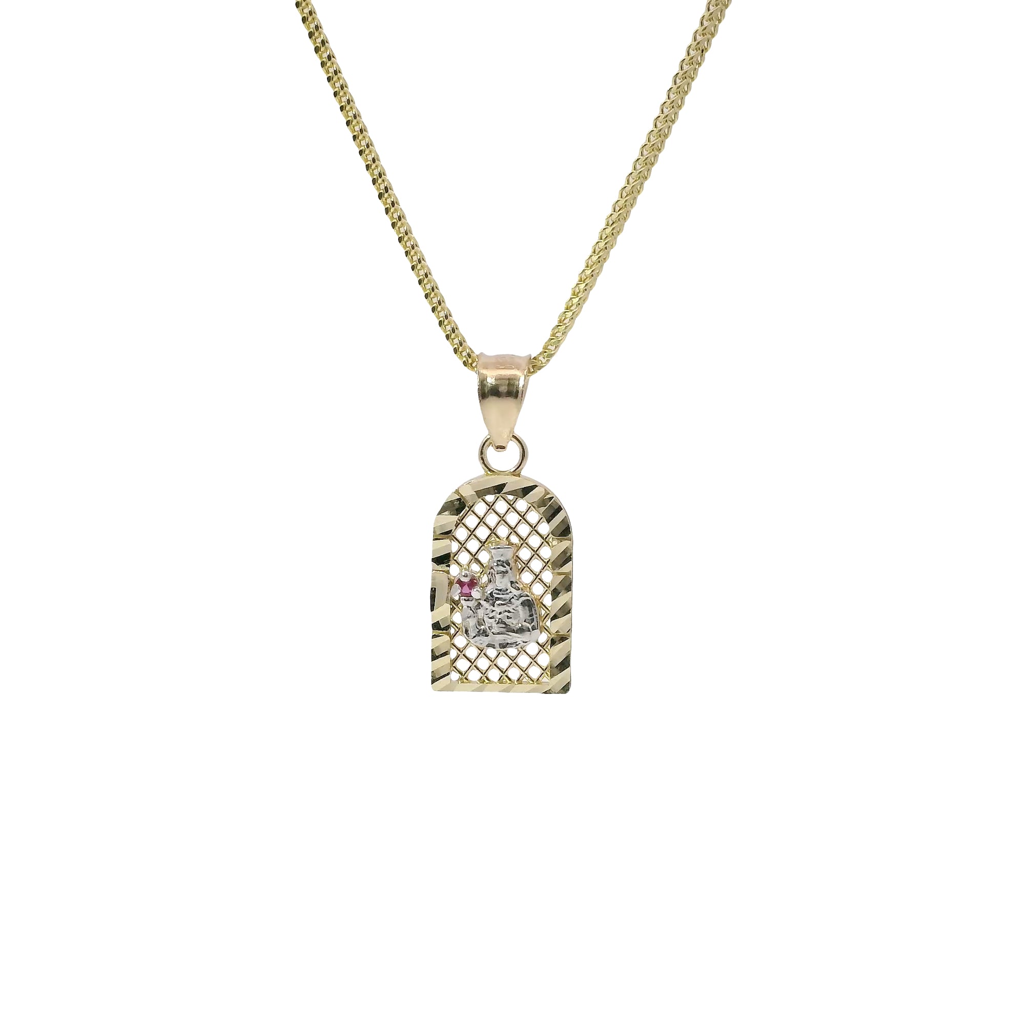 14KT Gold Charm Extra Small Two Tone St Clare Diamond Cut Lattice Square Archway with Red CZ Stone Lantern and Plain Bell