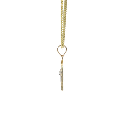 14KT Gold Charm Extra Small Two Tone St Clare Diamond Cut Lattice Square Archway with Red CZ Stone Lantern and Plain Bell