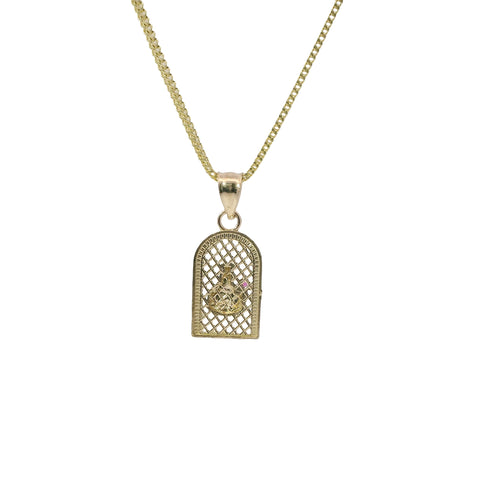 14KT Gold Charm Extra Small Two Tone St Clare Diamond Cut Lattice Square Archway with Red CZ Stone Lantern and Plain Bell