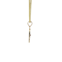 14KT Gold Charm Extra Small Two Tone St Clare Diamond Cut Lattice Square Archway with Red CZ Stone Lantern and Plain Bell