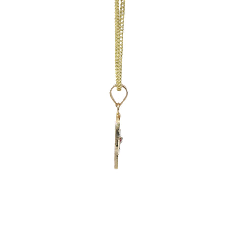 14KT Gold Charm Extra Small Two Tone St Clare Diamond Cut Lattice Square Archway with Red CZ Stone Lantern and Plain Bell