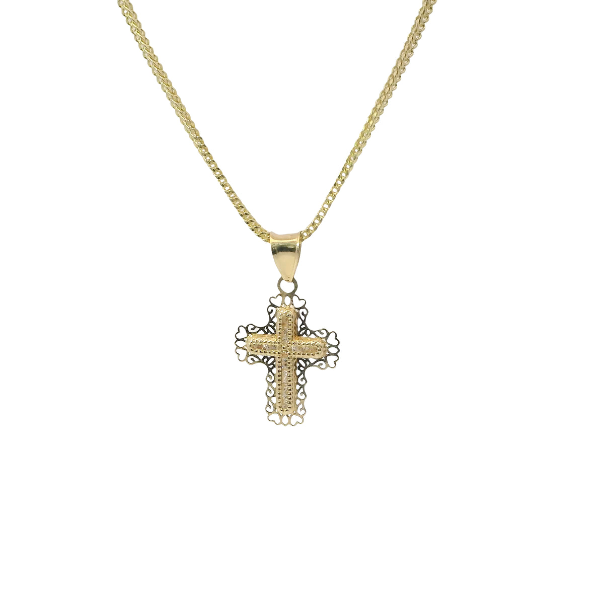 14KT Gold Charm Extra Small White CZ Stone Cross Center with Plain Open Heart Cutout Ends Border and Plain Bell