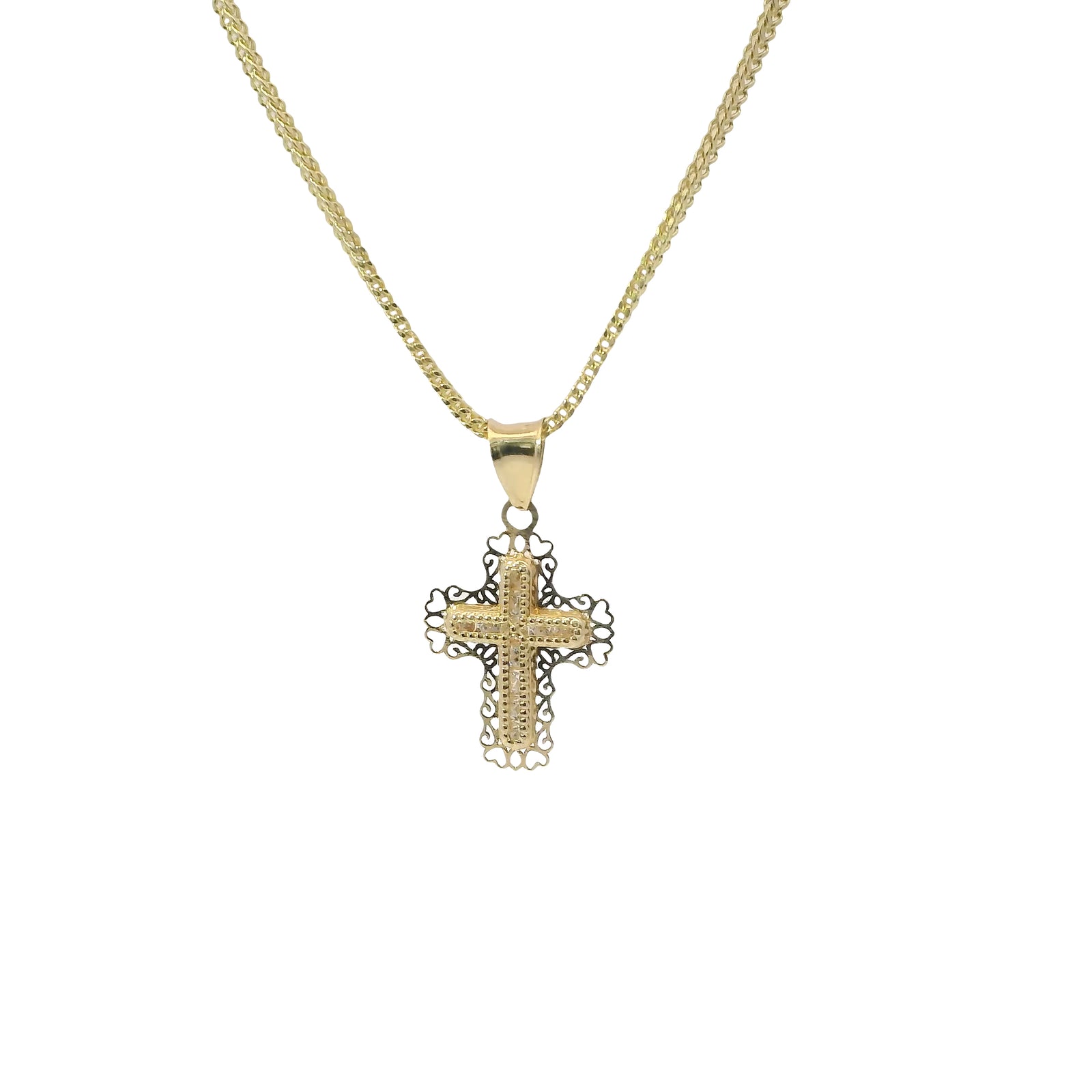 14KT Gold Charm Extra Small White CZ Stone Cross Center with Plain Open Heart Cutout Ends Border and Plain Bell