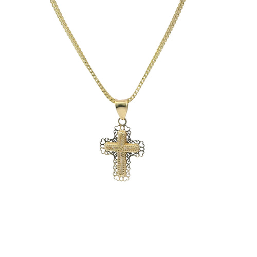 14KT Gold Charm Extra Small White CZ Stone Cross Center with Plain Open Heart Cutout Ends Border and Plain Bell