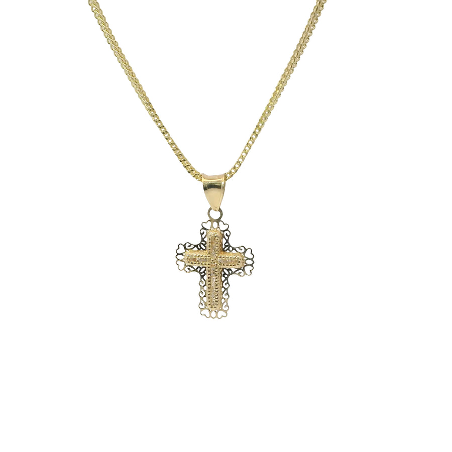 14KT Gold Charm Extra Small White CZ Stone Cross Center with Plain Open Heart Cutout Ends Border and Plain Bell
