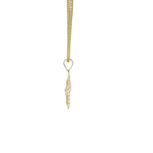 14KT Gold Charm Extra Small White CZ Stone Cross Center with Plain Open Heart Cutout Ends Border and Plain Bell