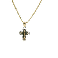 14KT Gold Charm Extra Small White CZ Stone Cross Center with Plain Open Heart Cutout Ends Border and Plain Bell