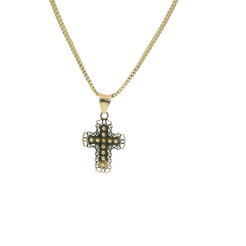 14KT Gold Charm Extra Small White CZ Stone Cross Center with Plain Open Heart Cutout Ends Border and Plain Bell