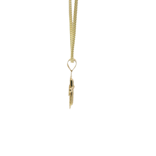 14KT Gold Charm Extra Small White CZ Stone Cross Center with Plain Open Heart Cutout Ends Border and Plain Bell