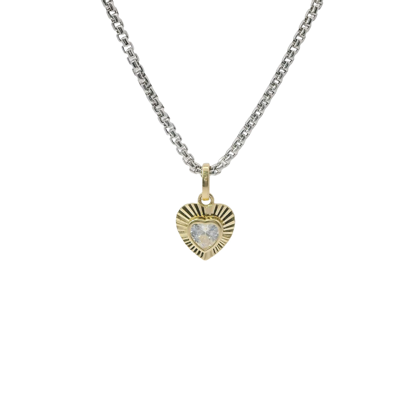14KT Gold Charm Extra Small White Heart CZ Stone Center with Sunray Border and Plain Oval Bell