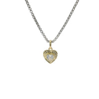 14KT Gold Charm Extra Small White Heart CZ Stone Center with Sunray Border and Plain Oval Bell