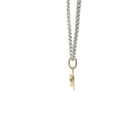 14KT Gold Charm Extra Small White Heart CZ Stone Center with Sunray Border and Plain Oval Bell