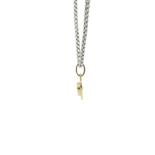14KT Gold Charm Extra Small White Heart CZ Stone Center with Sunray Border and Plain Oval Bell
