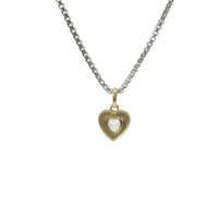 14KT Gold Charm Extra Small White Heart CZ Stone Center with Sunray Border and Plain Oval Bell