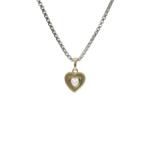 14KT Gold Charm Extra Small White Heart CZ Stone Center with Sunray Border and Plain Oval Bell