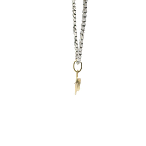 14KT Gold Charm Extra Small White Heart CZ Stone Center with Sunray Border and Plain Oval Bell
