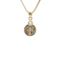14KT Gold Charm Extra Small Tri Tone Round Graphic Crucifix Coin with White CZ Stone Top and Plain Bell