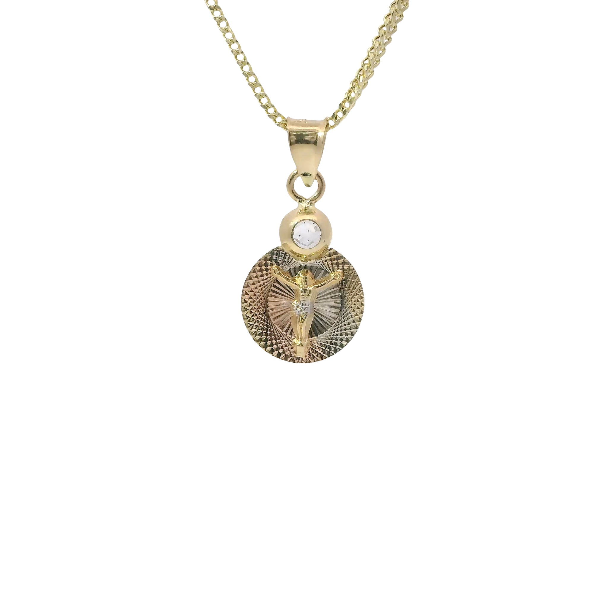 14KT Gold Charm Extra Small Tri Tone Round Graphic Crucifix Coin with White CZ Stone Top and Plain Bell