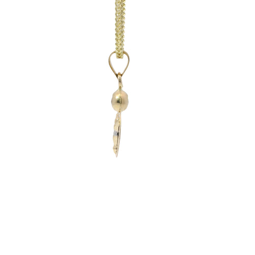 14KT Gold Charm Extra Small Tri Tone Round Graphic Crucifix Coin with White CZ Stone Top and Plain Bell