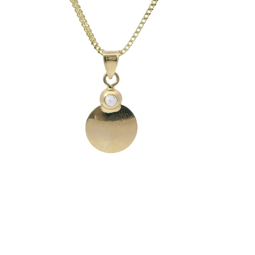 14KT Gold Charm Extra Small Tri Tone Round Graphic Crucifix Coin with White CZ Stone Top and Plain Bell