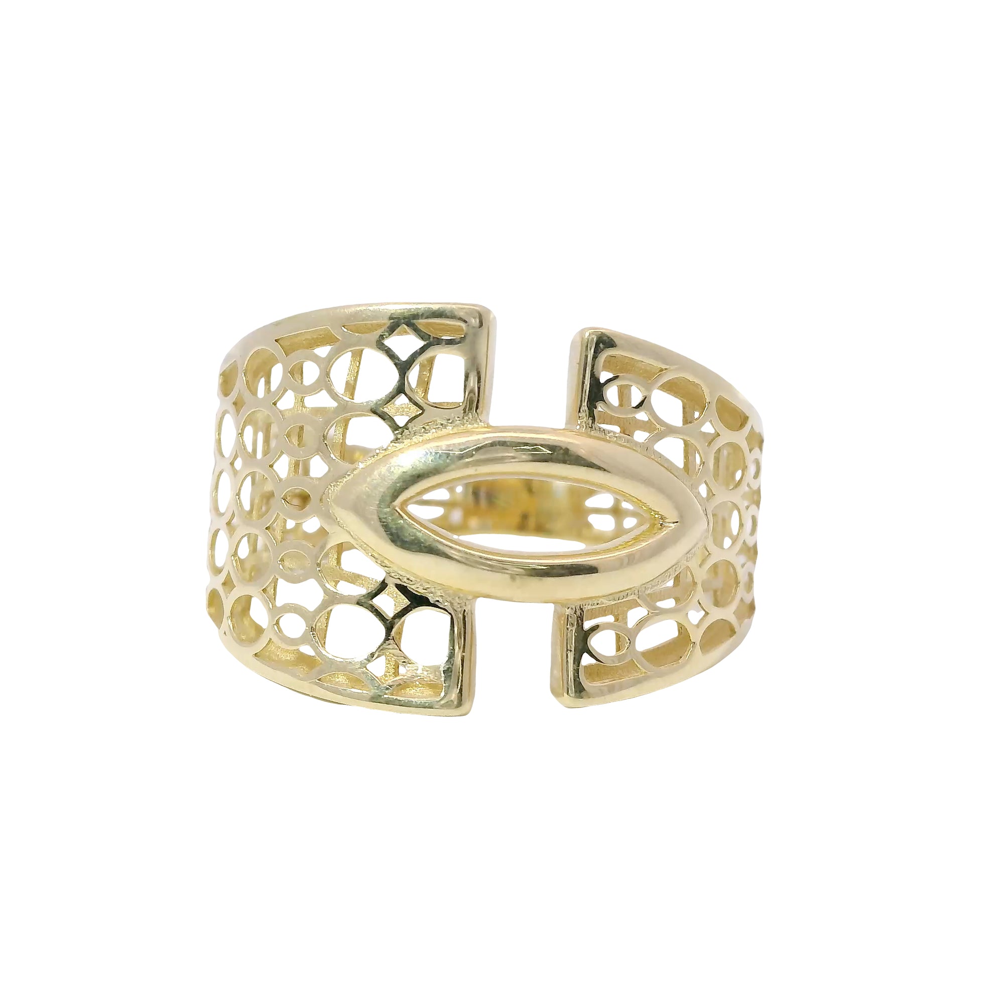 14KT Gold Ring Women's Abstract Eye Shape Center Split Band Design with Oval Lattice Cutouts Band
