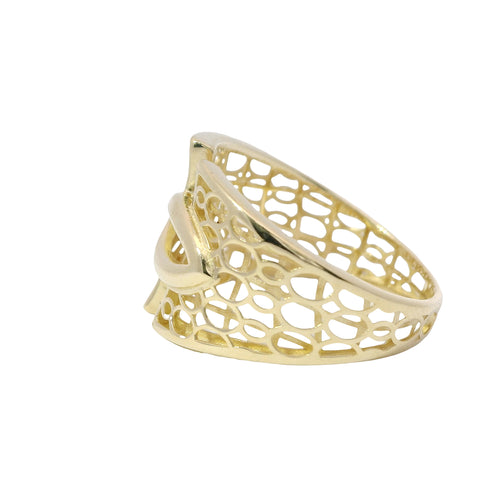 14KT Gold Ring Women's Abstract Eye Shape Center Split Band Design with Oval Lattice Cutouts Band