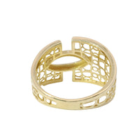 14KT Gold Ring Women's Abstract Eye Shape Center Split Band Design with Oval Lattice Cutouts Band