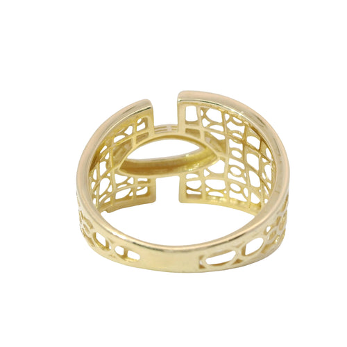 14KT Gold Ring Women's Abstract Eye Shape Center Split Band Design with Oval Lattice Cutouts Band
