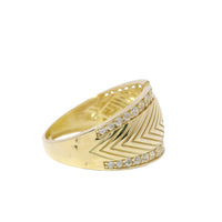 14KT Gold Ring Women's Plain Feather Print Center with White CZ Stones Top and Lower Split Border Band