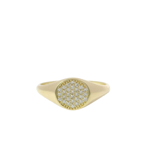 14KT Gold Ring Women's Flat Round White CZ Stone Cluster Center and Plain Band