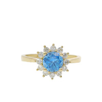 14KT Gold Ring Women's Flower Round Turquoise CZ Stone Center with White CZ Stones Petals Border Plain Band
