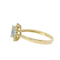 14KT Gold Ring Women's Flower Round Turquoise CZ Stone Center with White CZ Stones Petals Border Plain Band