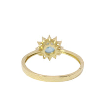 14KT Gold Ring Women's Flower Round Turquoise CZ Stone Center with White CZ Stones Petals Border Plain Band